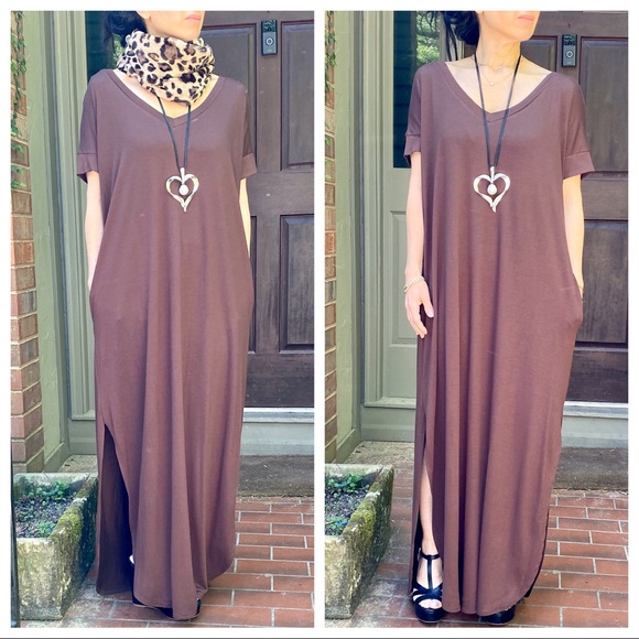 08 Brown side pockets loose fit maxi dress - Picture 7 of 7